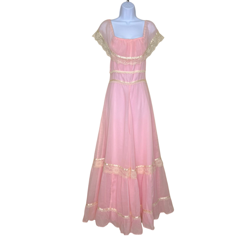 Vintage Dress Handmade Pink 70s Maxi Cottagecore Lace Milkmaid Coquette Renfaire